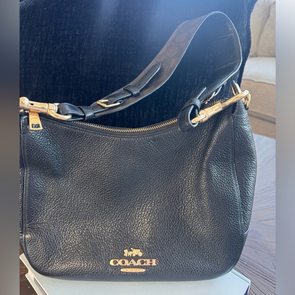 Coach Black Pebbled Leather Shoulder Bag with Signature Canvas Strap - Picture 6 of 6